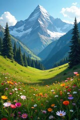 Fototapeta premium Majestic snow-capped peaks, alpine meadows ablaze with wildflowers , majestic, clouds