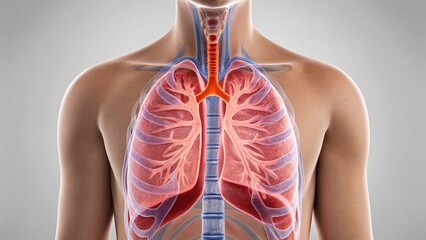 This stock photo features a detailed rendering of the human lungs and airways, showing the branching bronchi and bronchioles within translucent blue lung structures, emphasizing the complexity of the 