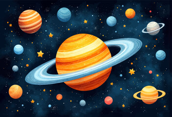 Naklejka premium Cartoon Planets in Starry Watercolor Space Scene