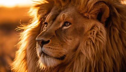 Naklejka premium Golden Sunset Silhouette: A Majestic Lion’s Mane - Dramatic Backlit Wildlife Portrait