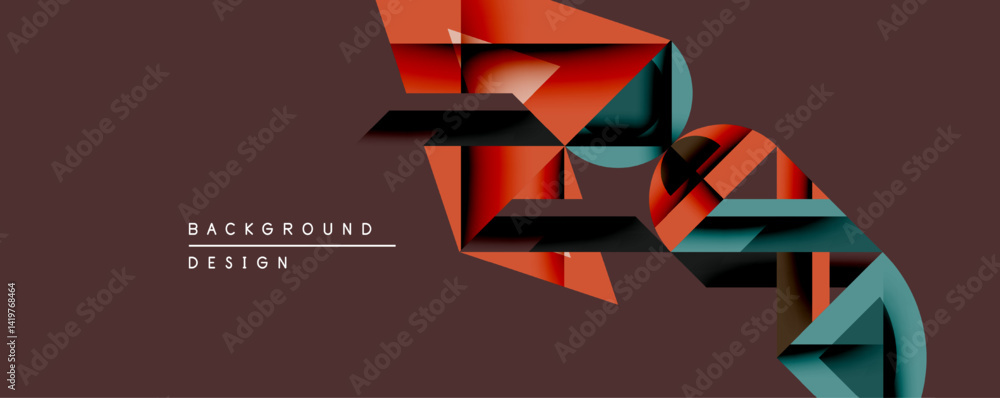Poster Abstract geometric shapes overlap, creating dynamic visual texture. Red, teal, black elements contrast against brown backdrop. Modern design.