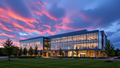 Obraz premium Modern office building with glass facade against vibrant sunset sky reflecting colors and clouds, urban architecture at dusk