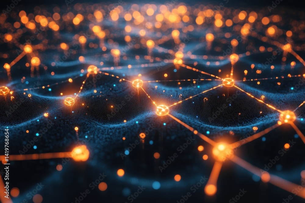 Poster abstract network connections with bright nodes and dark background