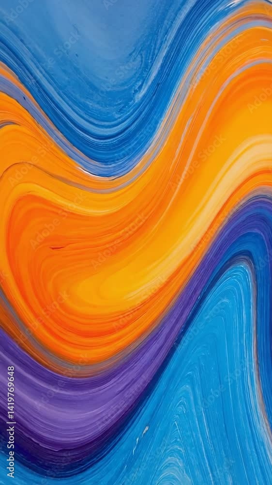 Poster fluid abstract artwork with dynamic curves in blue, orange, and purple hues creating a flowing wave-