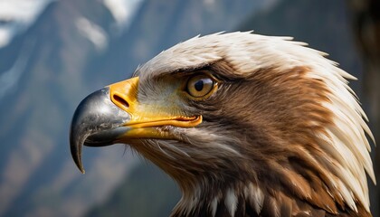 Obraz premium Side Profile of Bald Eagle Head: Intense Eye & Mountain Backdrop - Dramatic Wildlife Portrait