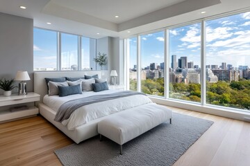 A modern bedroom with a white and grey bed, a large window showcasing a cityscape, a dark wood headboard wall, a light gray rug, a neutral color palette