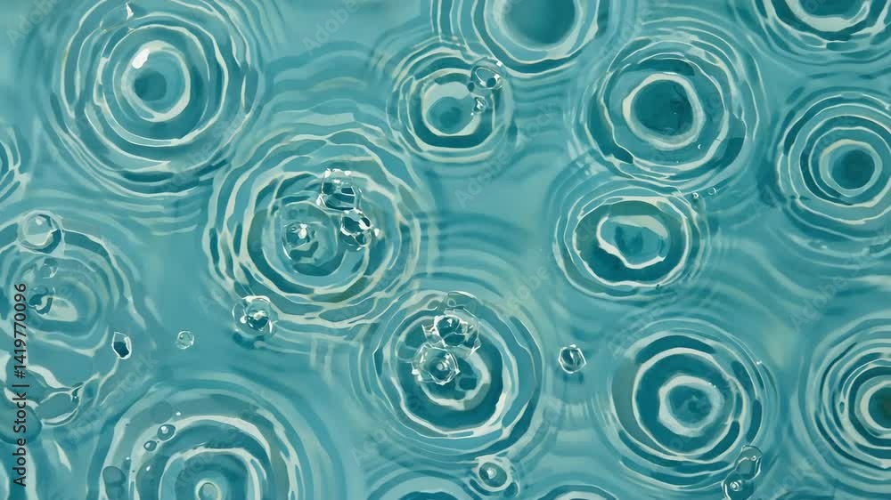 Poster ripples expanding through calm clear turquoise water surface, water drops creating concentric circle
