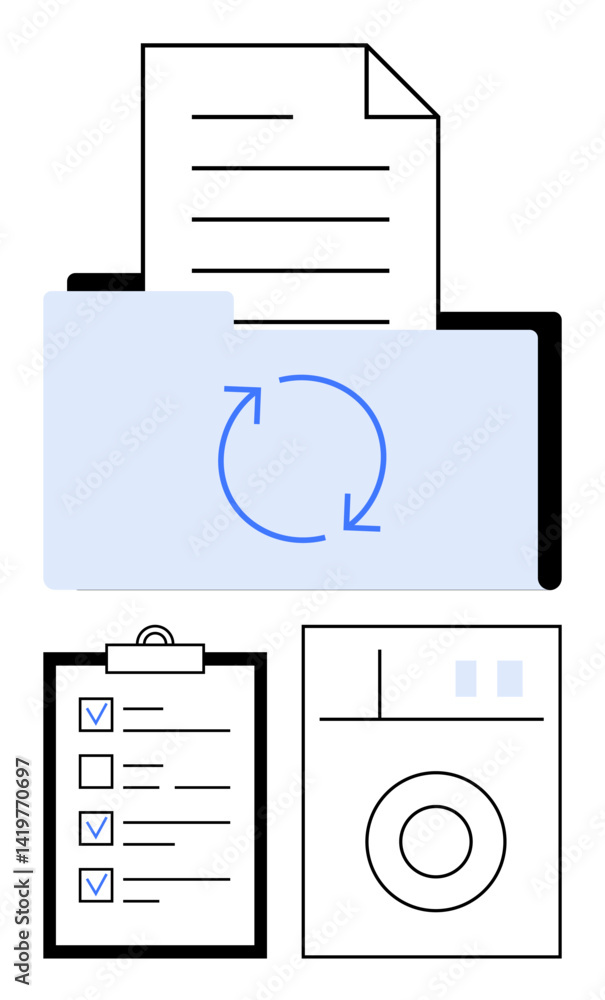 Poster folder synchronizing documents, checklist on clipboard, and application interface. ideal for organiz