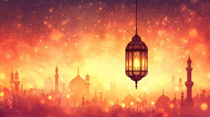 Obraz premium Ornate Lantern Glowing Over a Magical City at Night