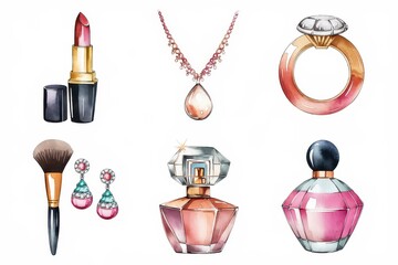 Watercolor illustrations of feminine accessories and cosmetics.