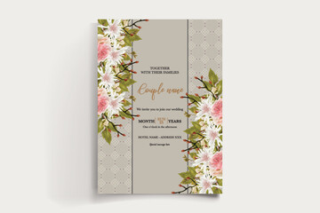 WEDDING INVITATION FRAME WITH FLOWER DECORATIONS AND FRESH LEAVES