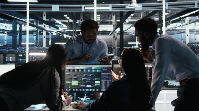 Data center coworkers doing brainstorming, using node tree software to analyze datasets. Server room teamworking colleagues using visual programming tools to improve gear performance, camera A
