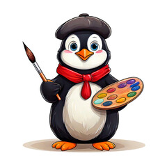 Obraz premium A penguin in an artist outfit with a beret, holding a paintbrush and a palette