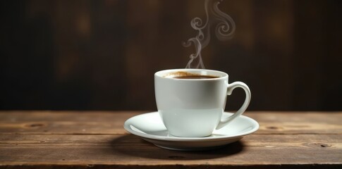 Fototapeta premium Steam rising from dark coffee in white mug on rustic wood table, steam, still life