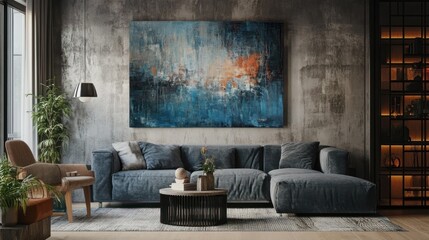 Modern Industrial Living Room Interior Design with Abstract Artwork