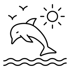 Dolphin jump out of water thin line icon, eco tourism concept. Vector graphics. Sunny sea with dolphin, animal sign on white background, linear style mobile or design.