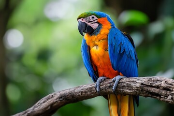 Obraz premium Vibrant Blue And Orange Parrot Perched On A Branch With Soft Green Background