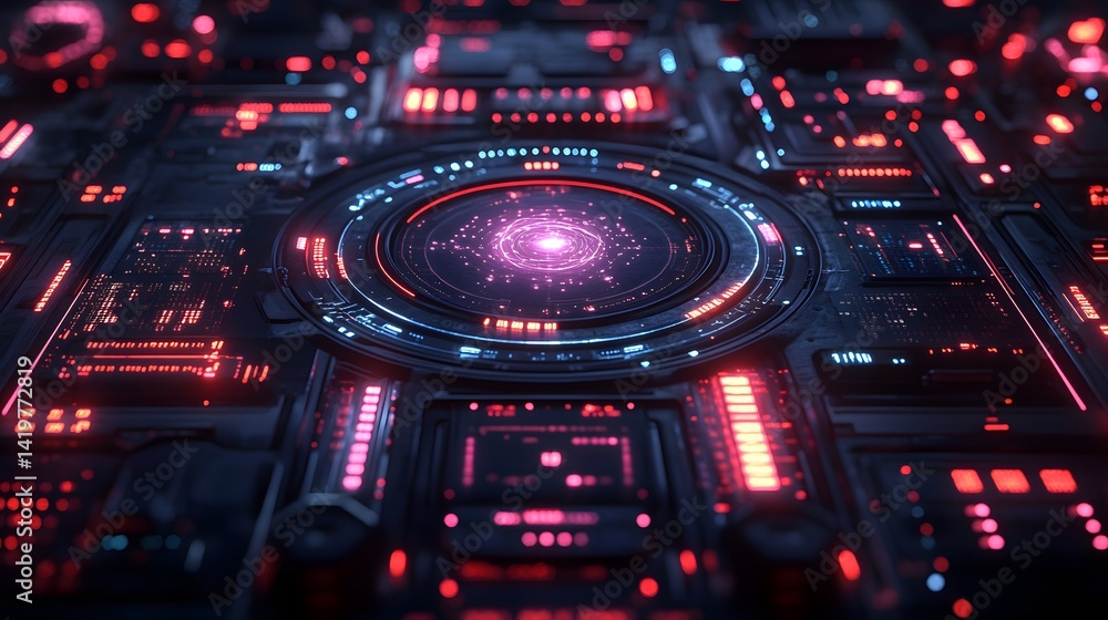 Poster futuristic circuit board with glowing central hub.