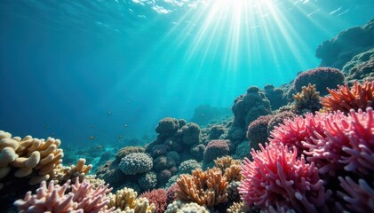 Obraz premium Sun-drenched coral reef, showcasing intricate detail and vibrant hues , detail, underwater photography, underwater