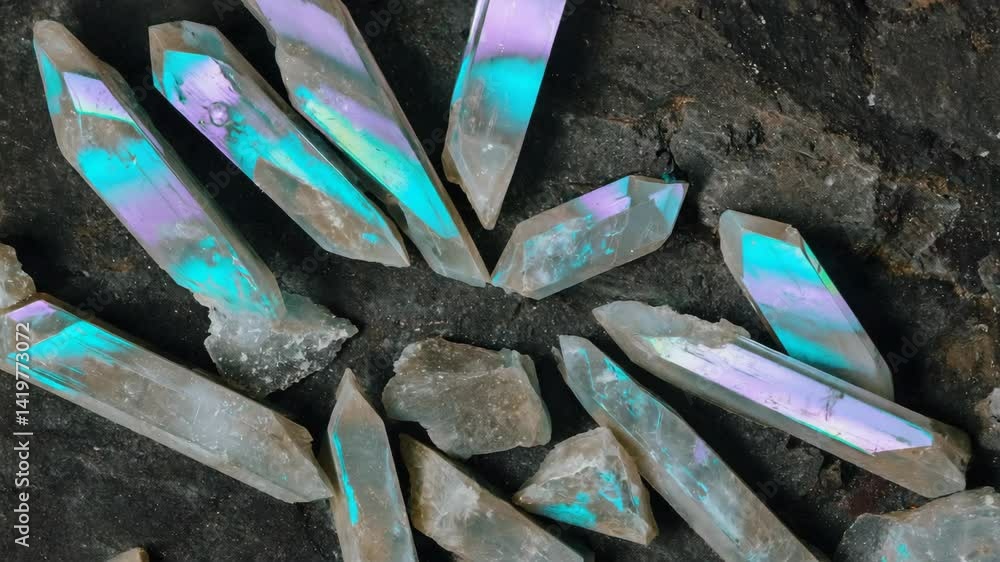Poster quartz crystals display iridescent colors on a dark rock surface, creating a mineral specimen with a