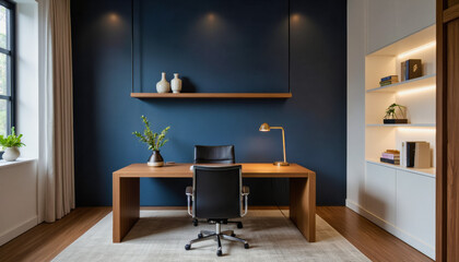 Modern interior design architecture photography: A modern home office features a dark blue accent wall with floating wooden shelves displaying decorative items, a wooden desk with a black leather ch