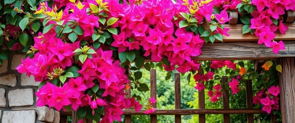 Obraz premium Vibrant bougainvillea cascading over rustic wooden trellis, background, rustic, climbing plant