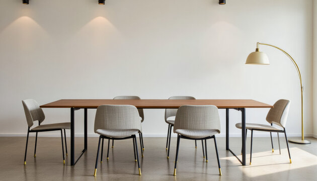 Modern interior design architecture photography: A modern, minimalist office space features a long wooden table surrounded by grey chairs and illuminated by an arched floor lamp.