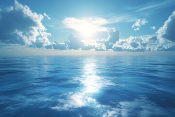 Fototapeta premium Vibrant Blue Ocean under a Sunny Sky with Fluffy White Clouds and Sun Reflection