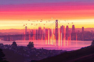 Obraz premium Vibrant sunset over San Francisco cityscape, Golden Gate Bridge, digital overlay, glowing lines, technology, urban landscape, artistic illustration.