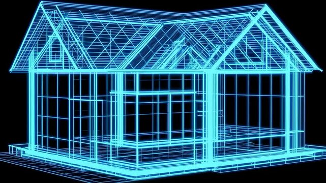 Blue house with a slanted roof is shown in a 3D rendering. The house appears to be a small, cozy home with a modern design
