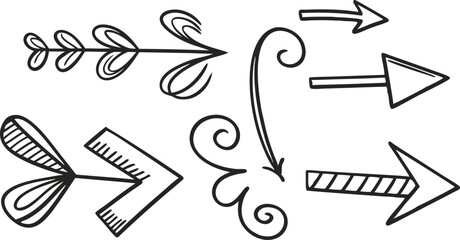 black and white arrows, hand-drawn style, vector graphics, curved arrows, straight arrows, directional symbols, dynamic shapes, simplified design, minimalist illustration, graphic elements, variety of