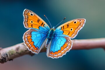 Obraz premium Vibrant Butterfly Displays Orange And Blue Wing Patterns Perched On A Brown Branch