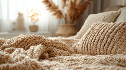 Cozy Knitted Textiles on a Soft Bed with Natural Light Accentuating Warmth for Commercial Poster