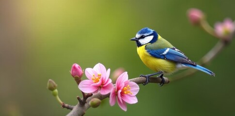 Blue tit on flowering branch, Suffolk spring garden,  countryside,  sunlight