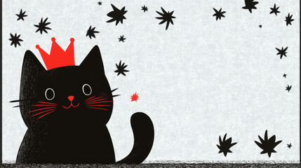 Lovely cat, A cat in a tiny crown, looking royal in a flat illustration style.