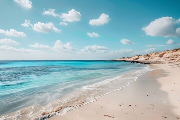 Fototapeta premium Vibrant Coastal Scene with Turquoise Waters and Sandy Beach Under Blue Sky
