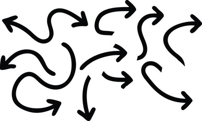 black and white arrows, hand-drawn style, vector graphics, curved arrows, straight arrows, directional symbols, dynamic shapes, simplified design, minimalist illustration, graphic elements, variety of