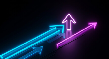 Neon arrows pointing up in blue and purple against a dark background with a futuristic vibe