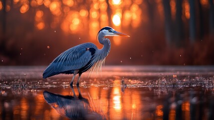 Majestic heron wading in a golden sunrise
