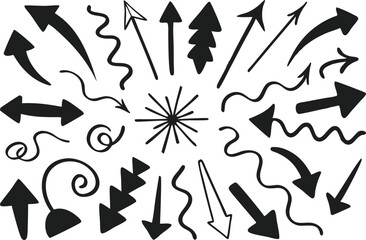 black and white arrows, hand-drawn style, vector graphics, curved arrows, straight arrows, directional symbols, dynamic shapes, simplified design, minimalist illustration, graphic elements, variety of