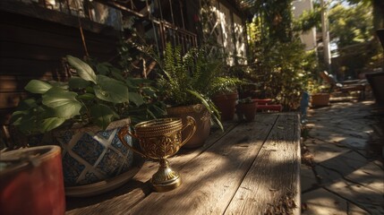 Obraz premium A trophy on a table, bathed in golden sunlight - games glossy gold competition