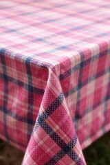 Close-up view of a pink plaid tablecloth, crisp folds, elegant, pattern