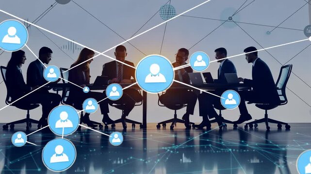 A diverse group of professionals meets amidst vibrant digital networking graphics, symbolizing collaboration and connectivity in a modern office, reflecting todays dynamic workplace