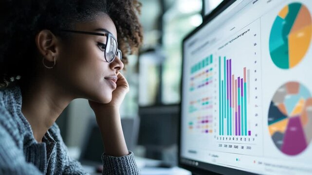 A woman is looking at a computer monitor with a pie chart on it. She is wearing glasses and she is focused on the data displayed