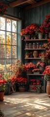Indoor space filled with red flowers in pots and on shelves near a window.