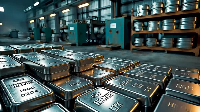 Rows of silver bullion bars stacked neatly in industrial manufacturing facility