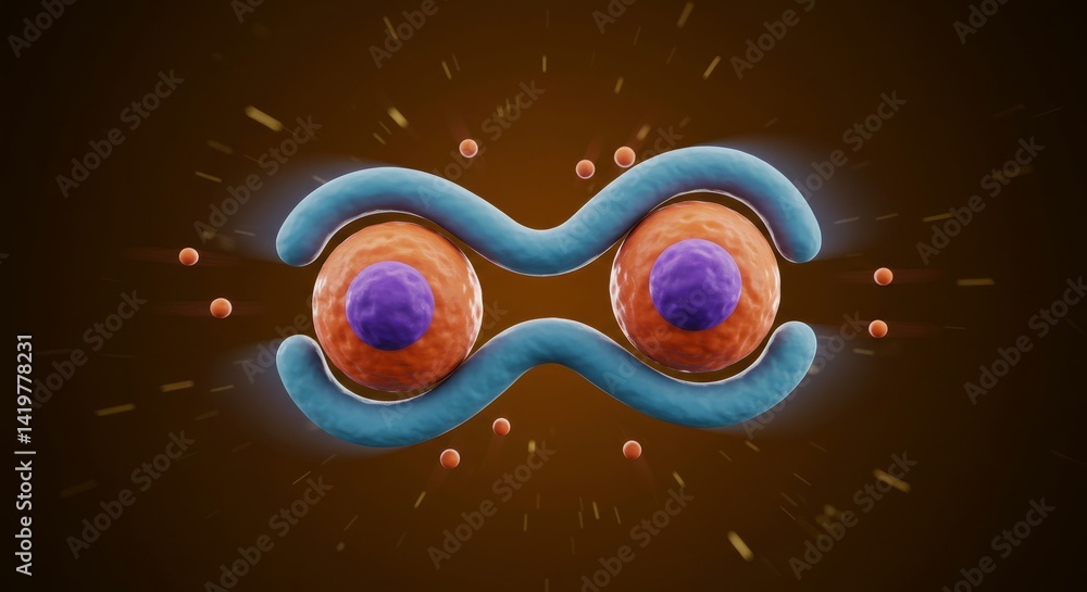 Poster 3d rendering of cell division orange and purple cells with blue connecting structure on