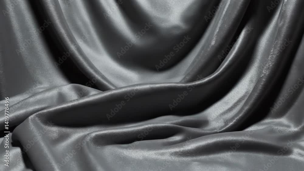Poster elegant gray satin fabric cascading in graceful folds creating soft shadows and highlights, showcasi