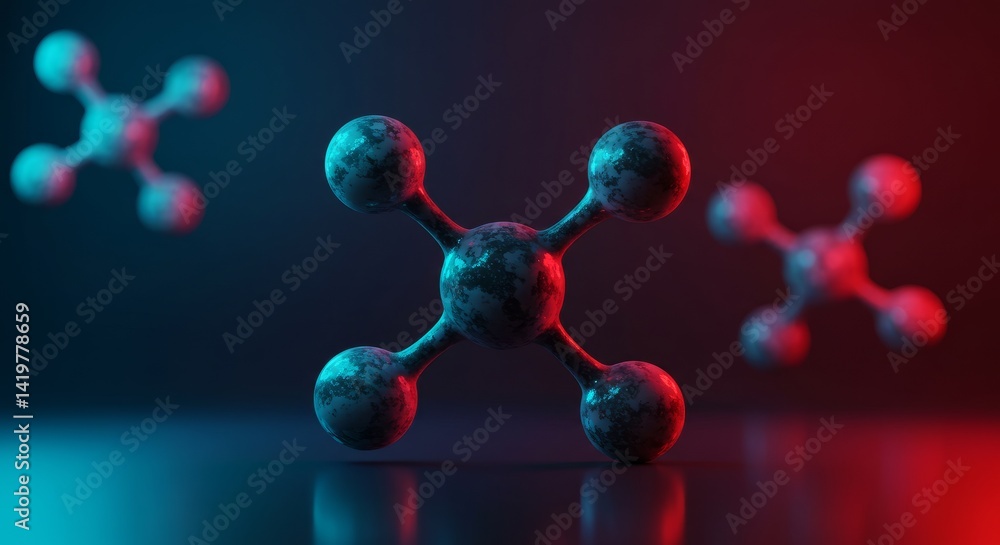 Poster abstract 3d render of glowing molecular structure with red and blue light