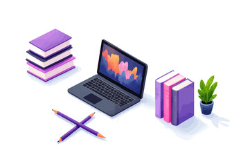 Isometric laptop books and plant on white background